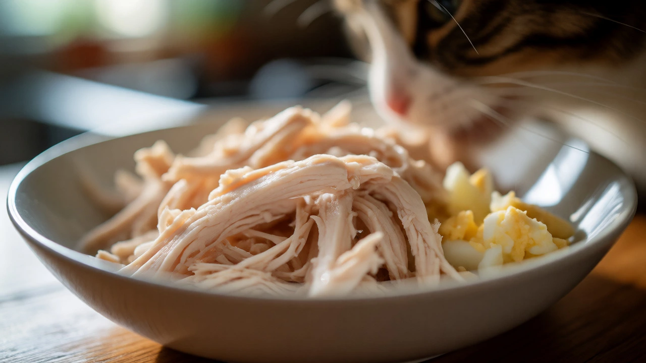 Shredded plain chicken and egg in a cat bowl