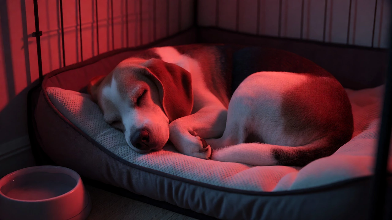 Sleeping dog in dark crate with soft red nightlight glow