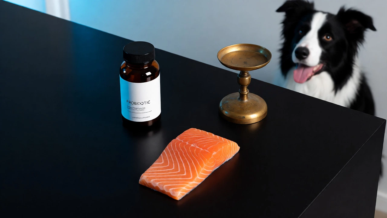 Still life of probiotic bottle, salmon, and scale with a dog in background