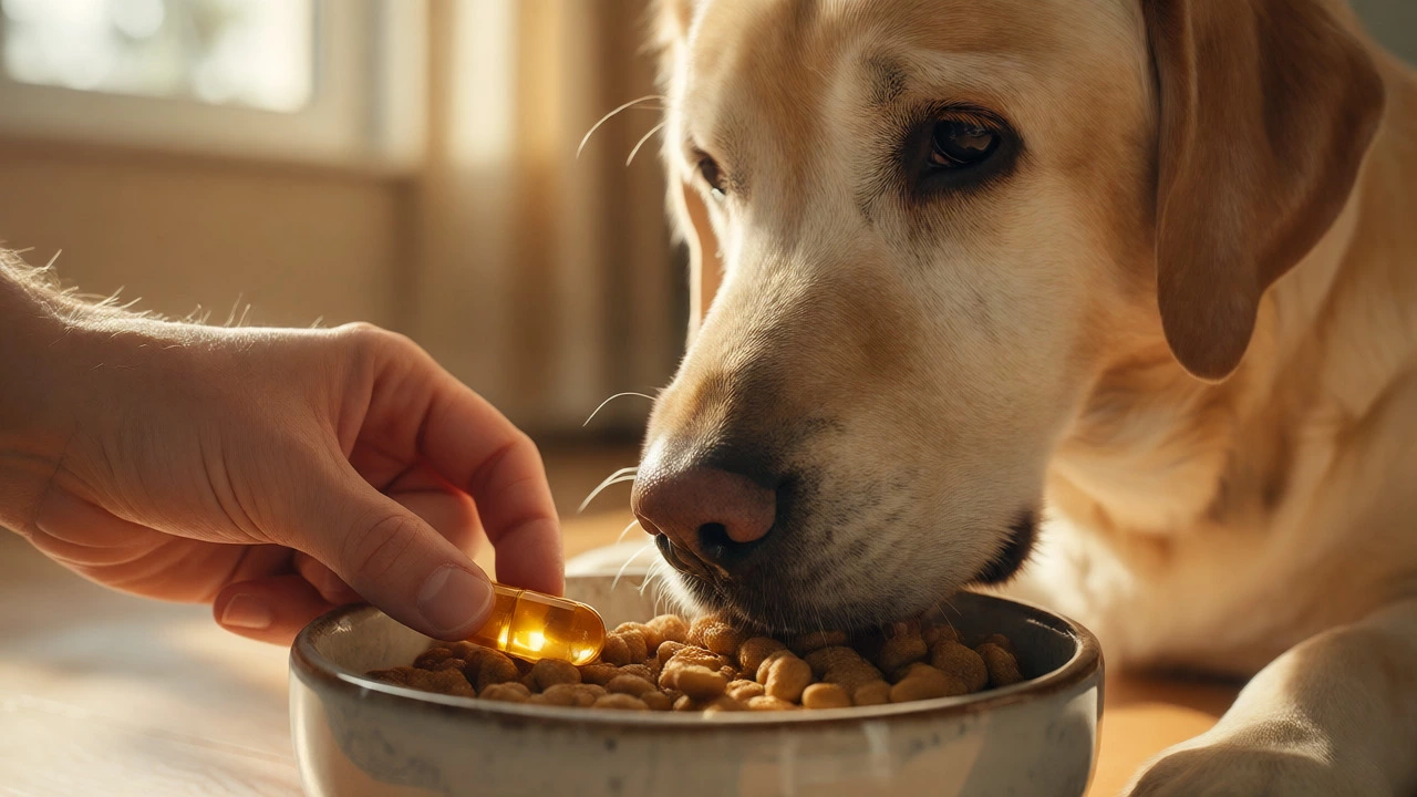 Veterinarian giving a senior Labrador a fish oil supplement with food.